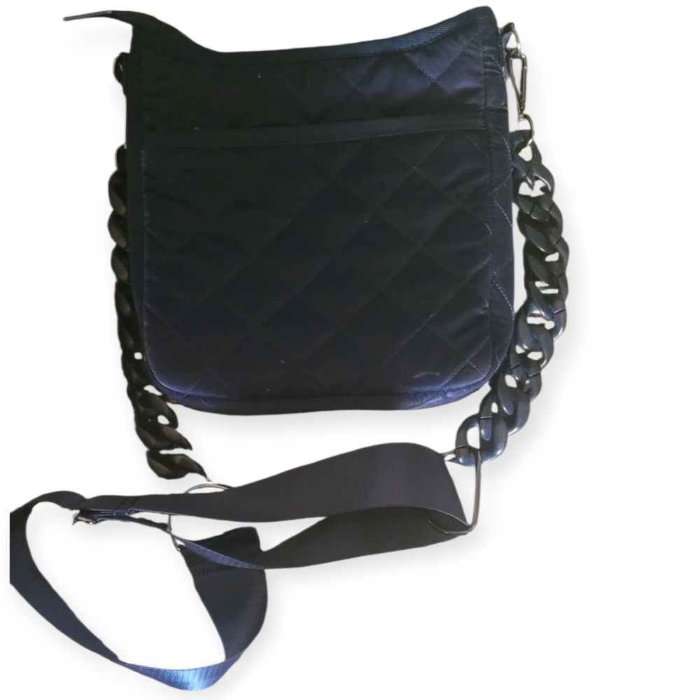 Haute Shore Navy Blue Quilted Crossbody Bag With Guitar Straps On Blue Hardware